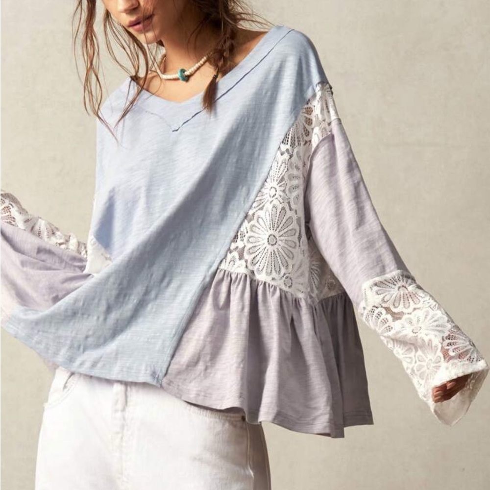 SHEIN Lace Patchwork Blouse - Light Purple, Powder Blue, and White